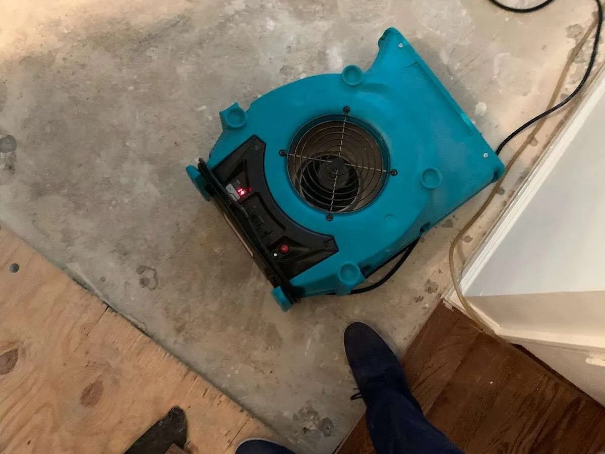 Air mover drying subfloor during Commercial Water Damage Restoration in Antelope